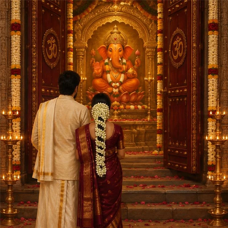 A couple in traditional silk standing hand in hand before the open temple doors, facing the Ganesha idol garlanded in marigold and jasmine