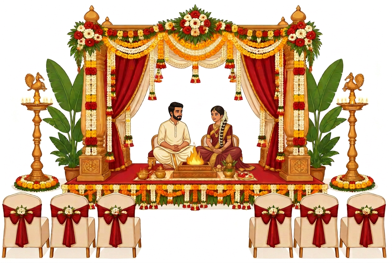 Illustration of a decorated mandap with a floral arch, two brass lamps and rows of chairs